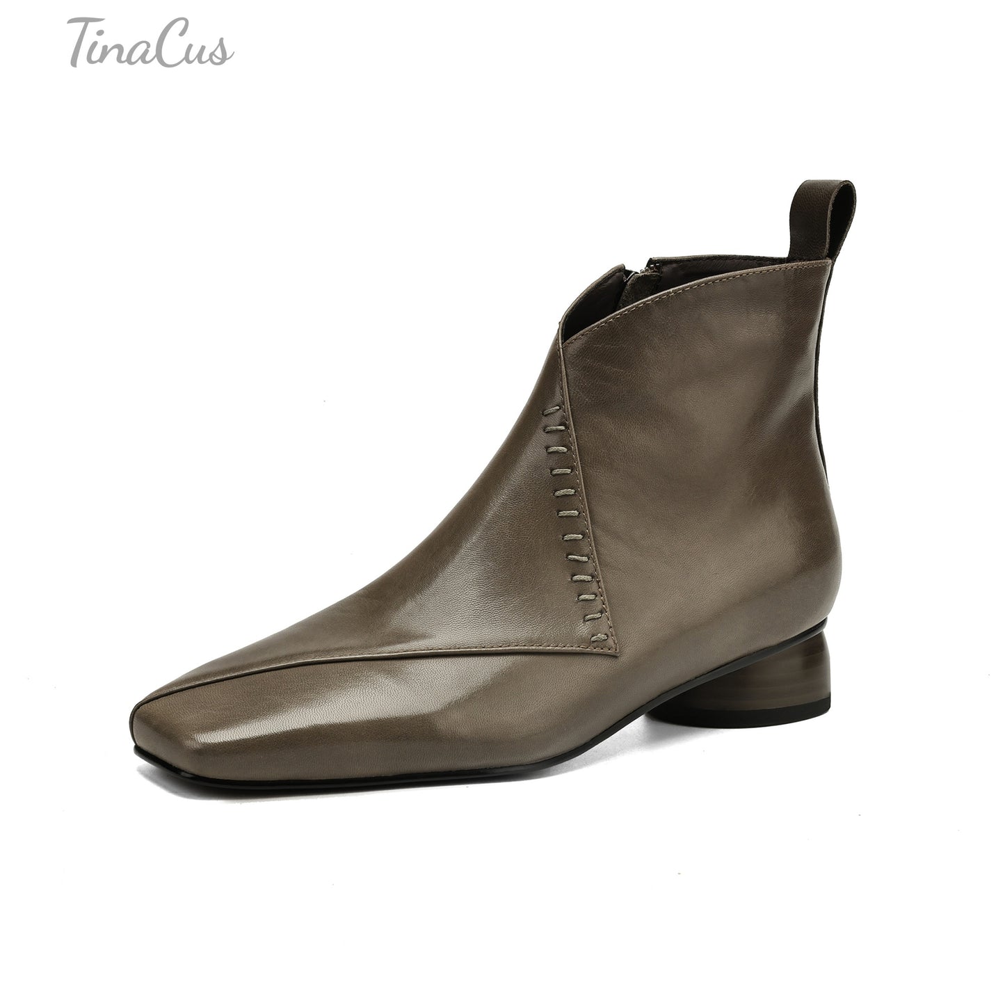 TinaCus Genuine Leather Women's Square Toe Side Zipper Low Heels Handmade Ankle Boots