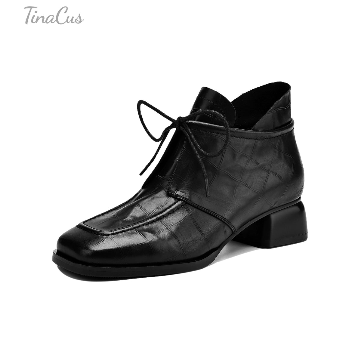 TinaCus Women's Square Toe Low Chunky Heel Lace up Casual Ankle Booties