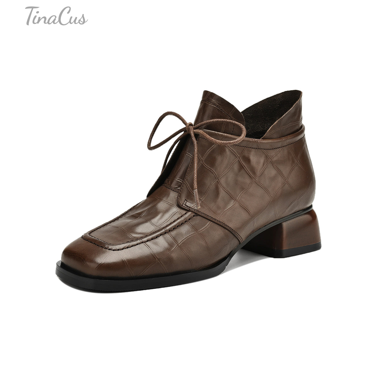 TinaCus Women's Square Toe Low Chunky Heel Lace up Casual Ankle Booties