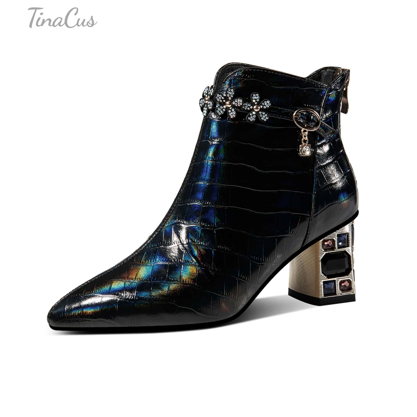 TinaCus Handmade Genuine Leather Crystal-Heel Leather Ankle Boots