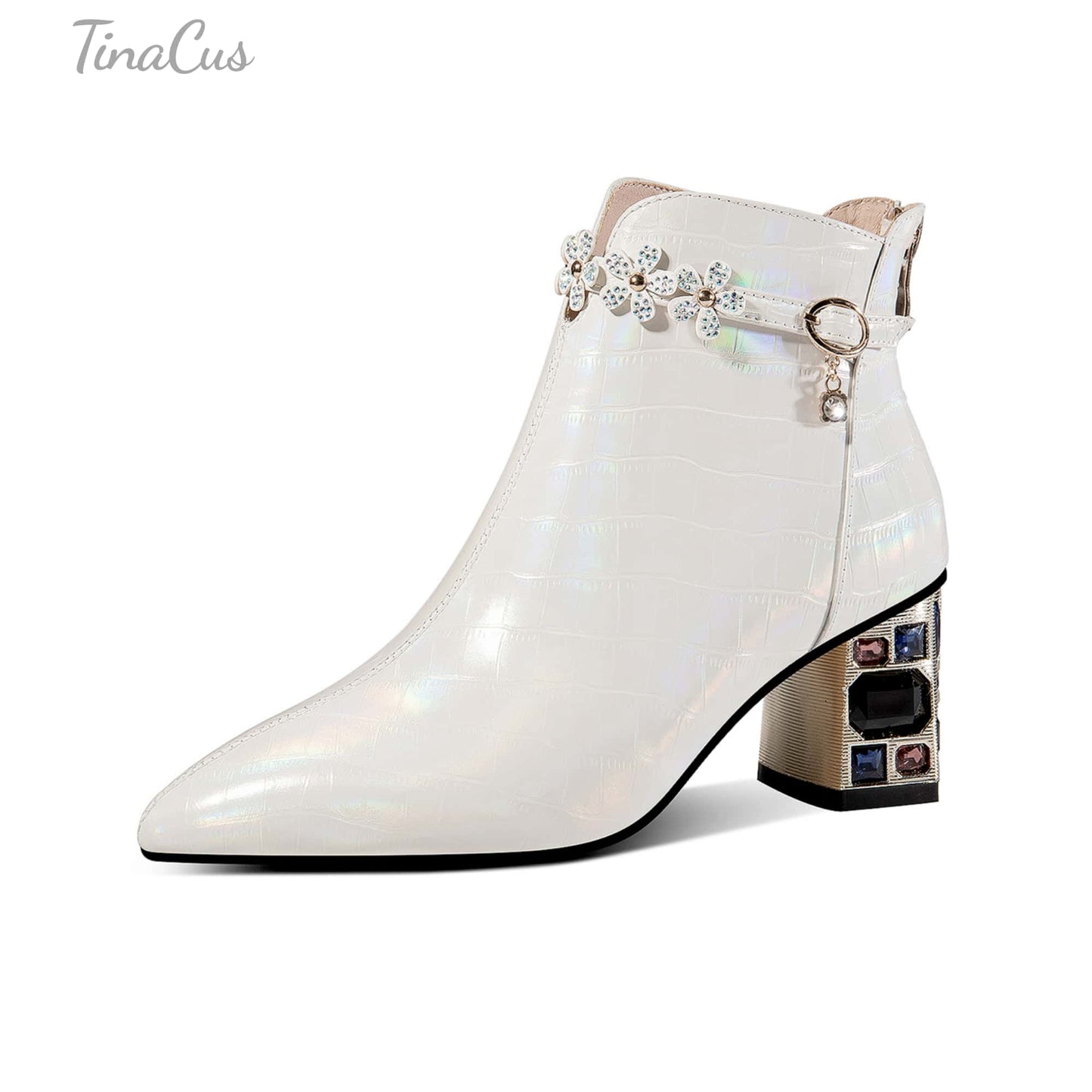 TinaCus Handmade Genuine Leather Crystal-Heel Leather Ankle Boots