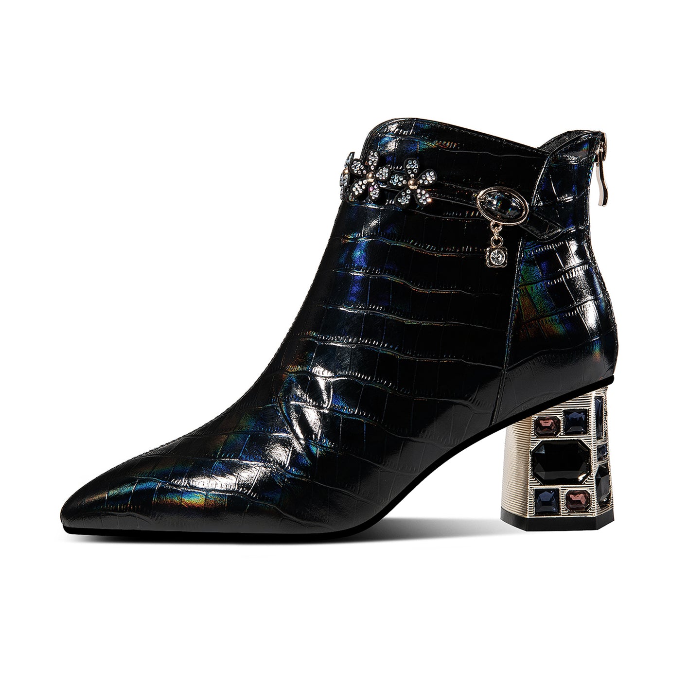 TinaCus Handmade Genuine Leather Crystal-Heel Leather Ankle Boots