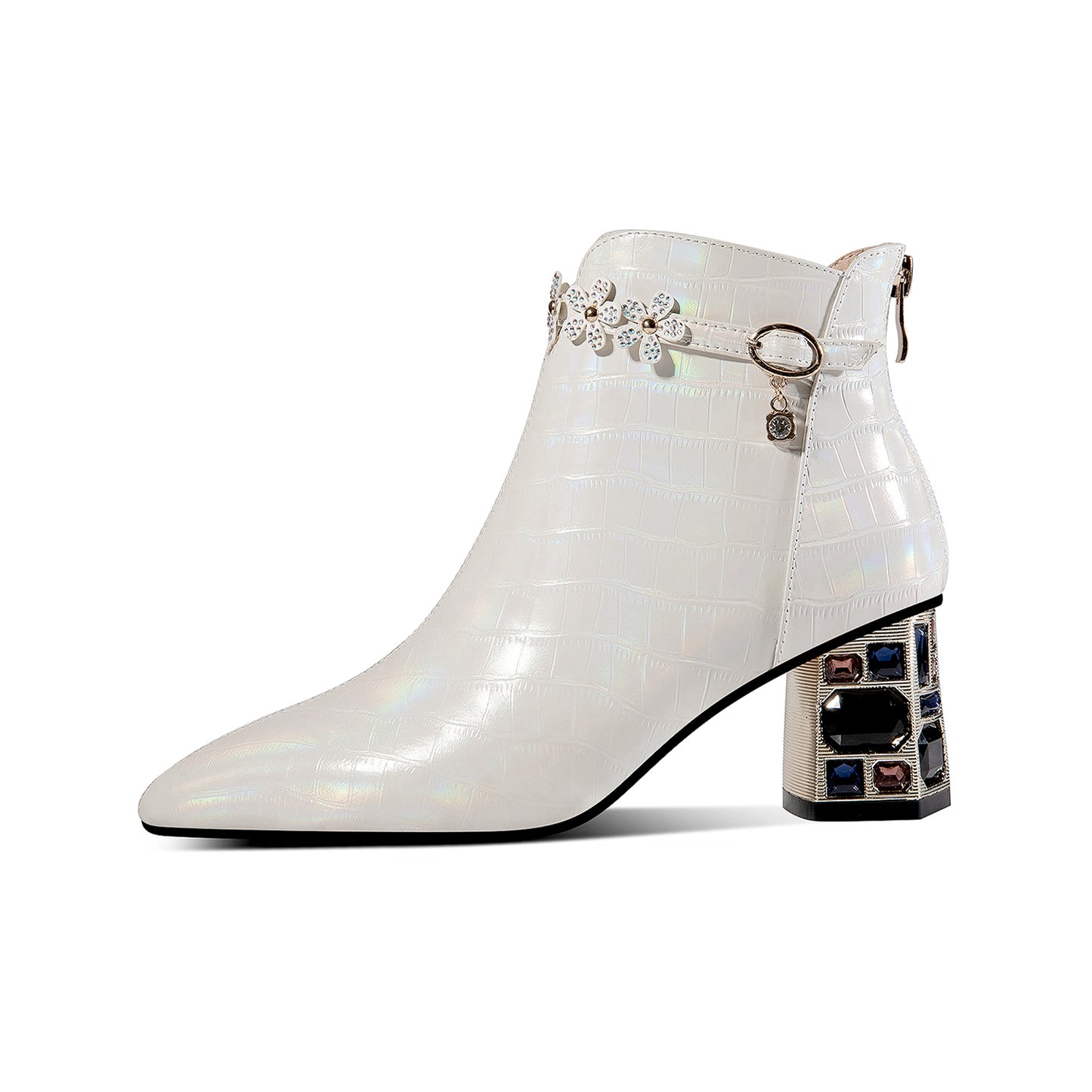 TinaCus Handmade Genuine Leather Crystal-Heel Leather Ankle Boots
