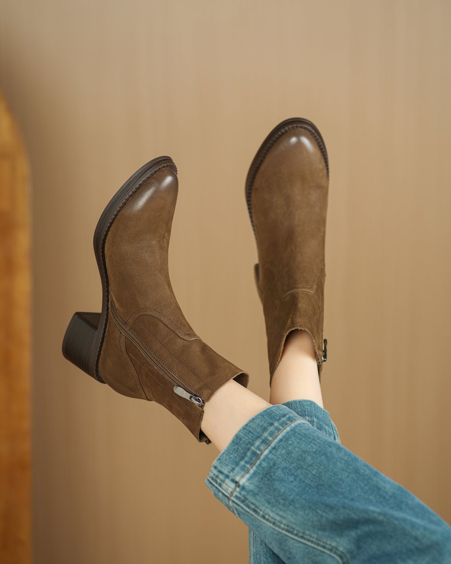 TinaCus Women's Suede/Genuine Leather Handmade Round Toe Stacked Heel Side Zip Casual Chelsea Booties