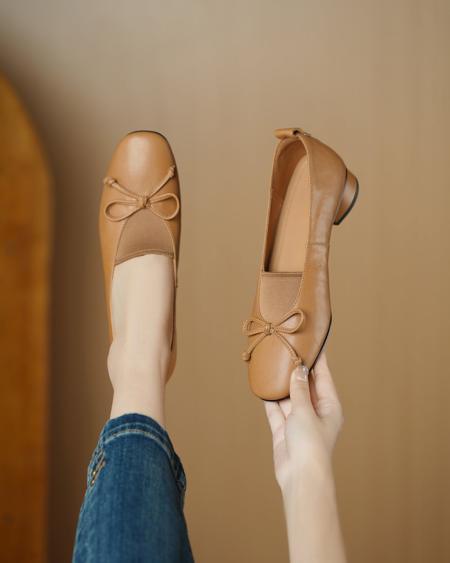 TinaCus Handmade Women's Genuine Leather Round Toe Elastic Slip On Low Heel Dress Loafer Shoes with Bowknot