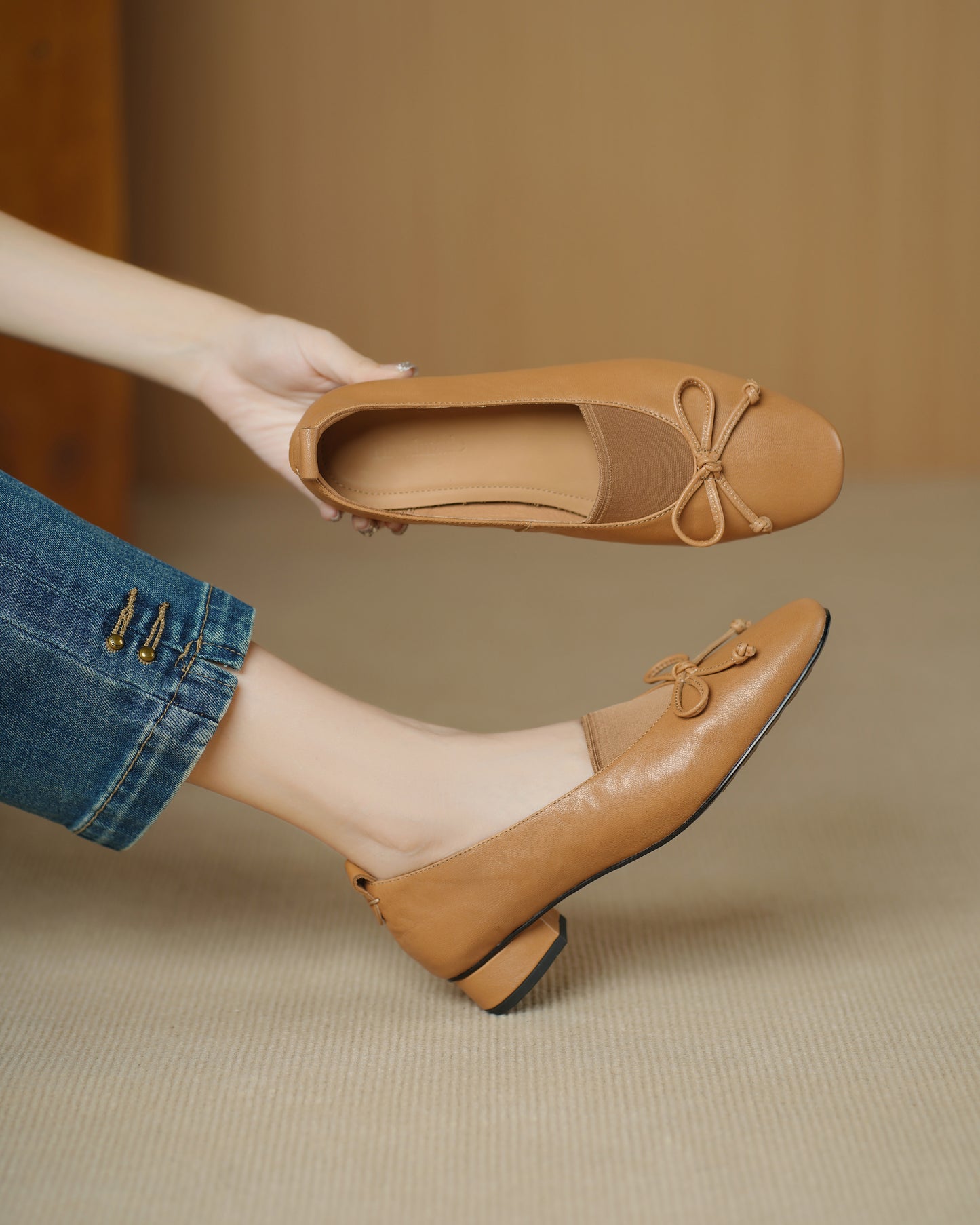 TinaCus Handmade Women's Genuine Leather Round Toe Elastic Slip On Low Heel Dress Loafer Shoes with Bowknot