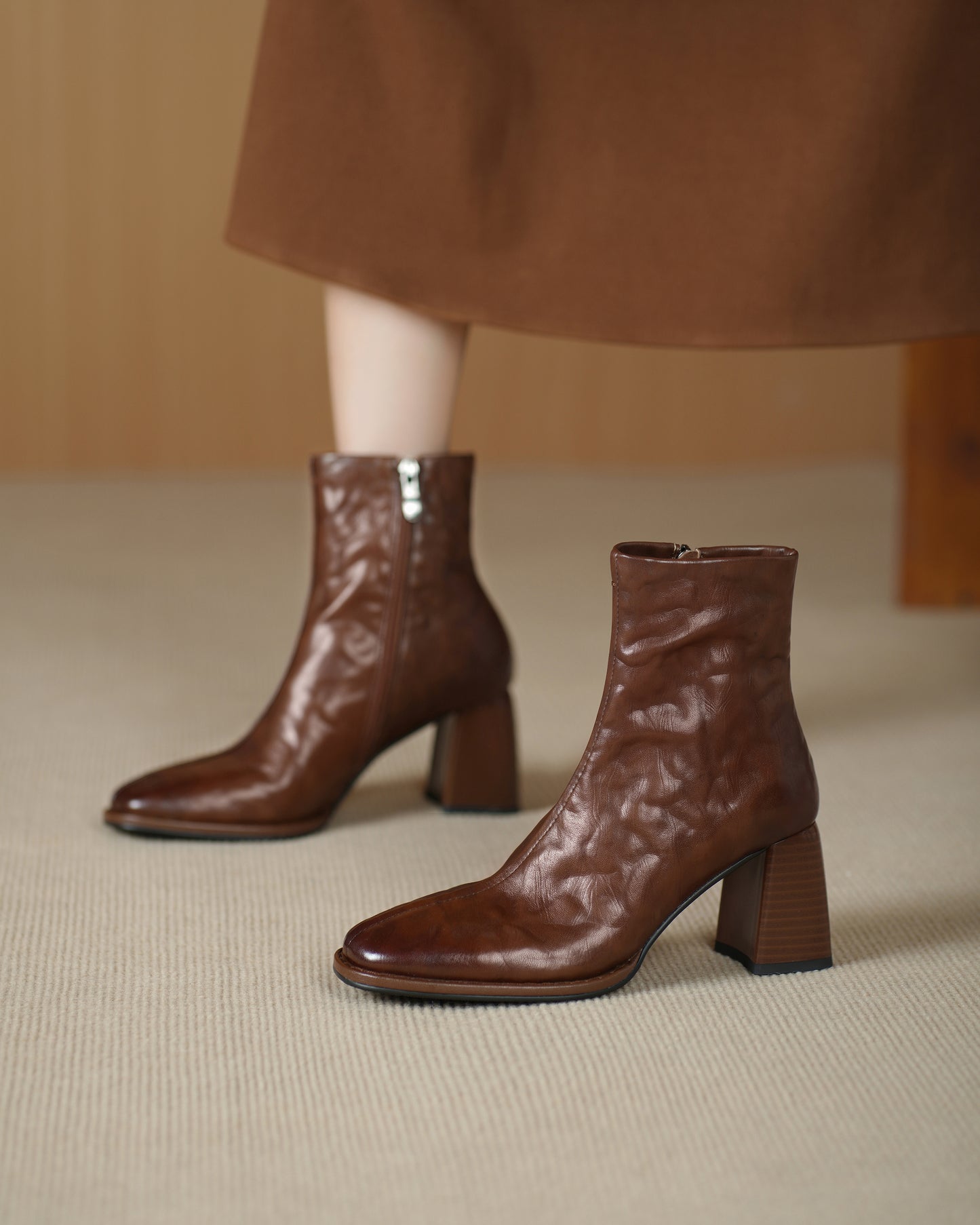 TinaCus Women's Ankle Boots Handmade Genuine Leather Square Toe High Block Heel Office Business