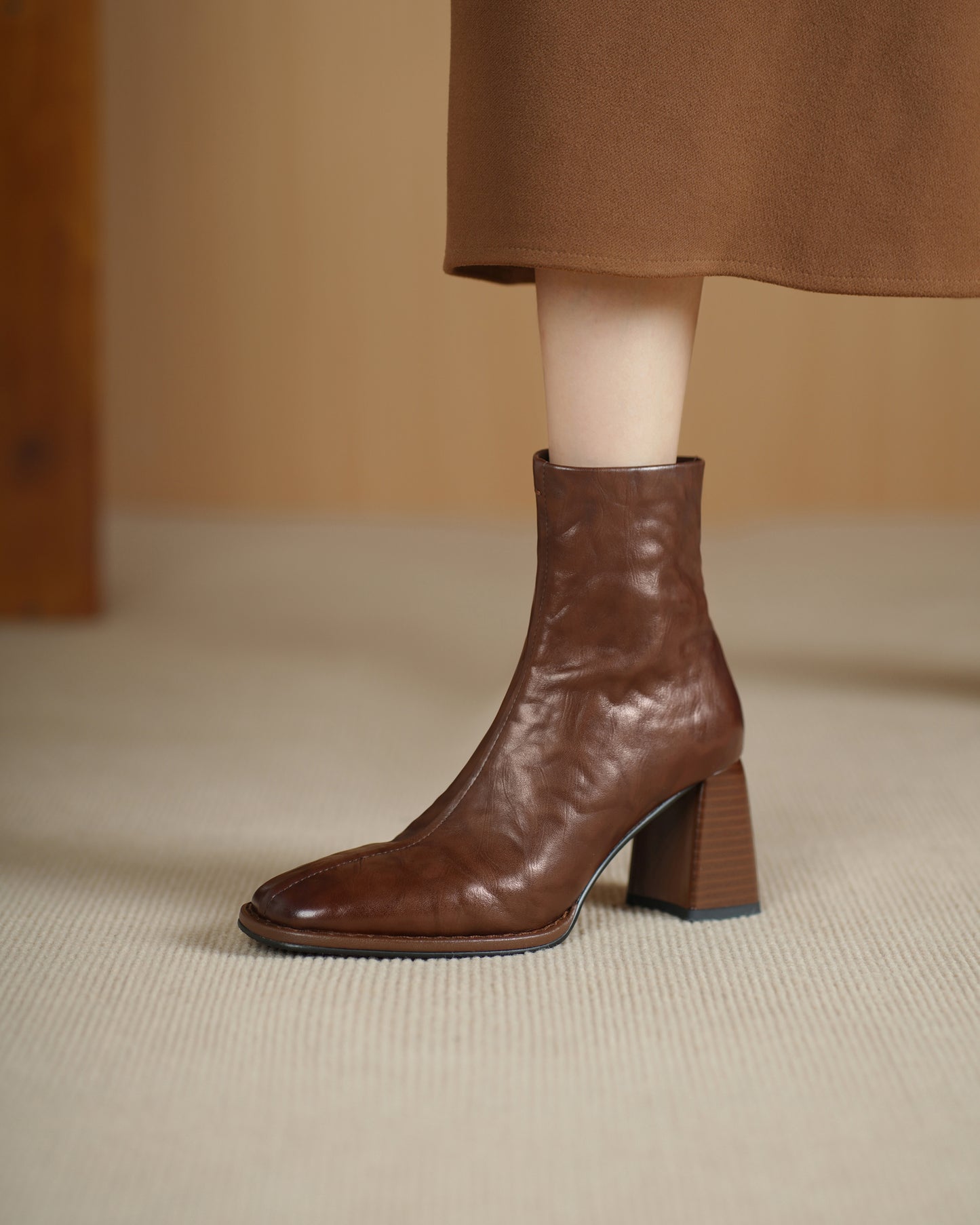 TinaCus Women's Ankle Boots Handmade Genuine Leather Square Toe High Block Heel Office Business