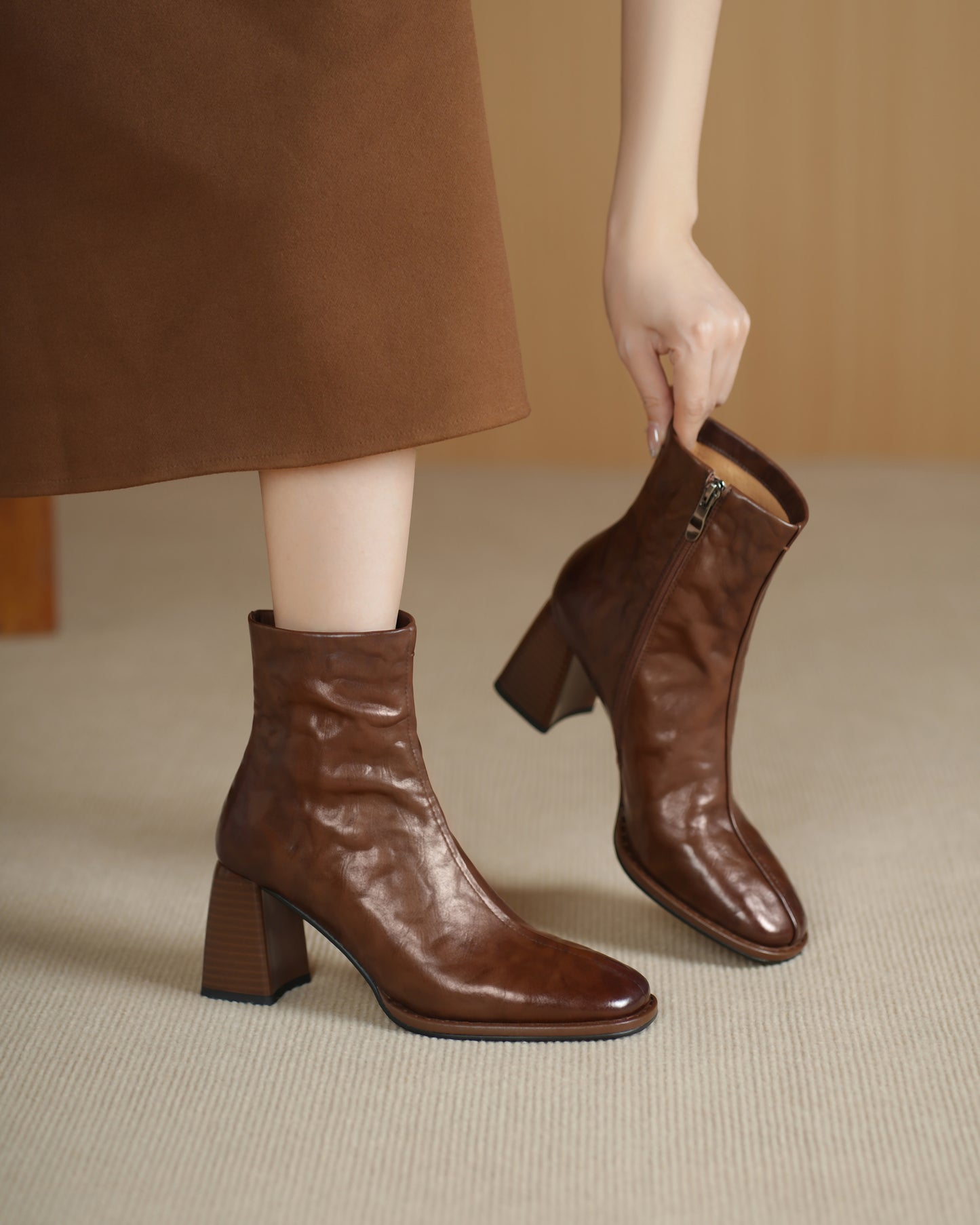 TinaCus Women's Ankle Boots Handmade Genuine Leather Square Toe High Block Heel Office Business