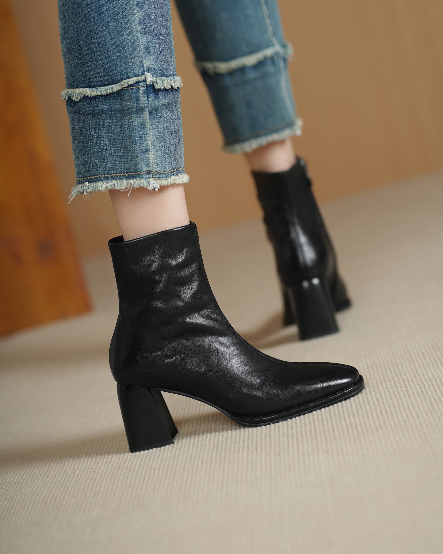 TinaCus Women's Ankle Boots Handmade Genuine Leather Square Toe High Block Heel Office Business