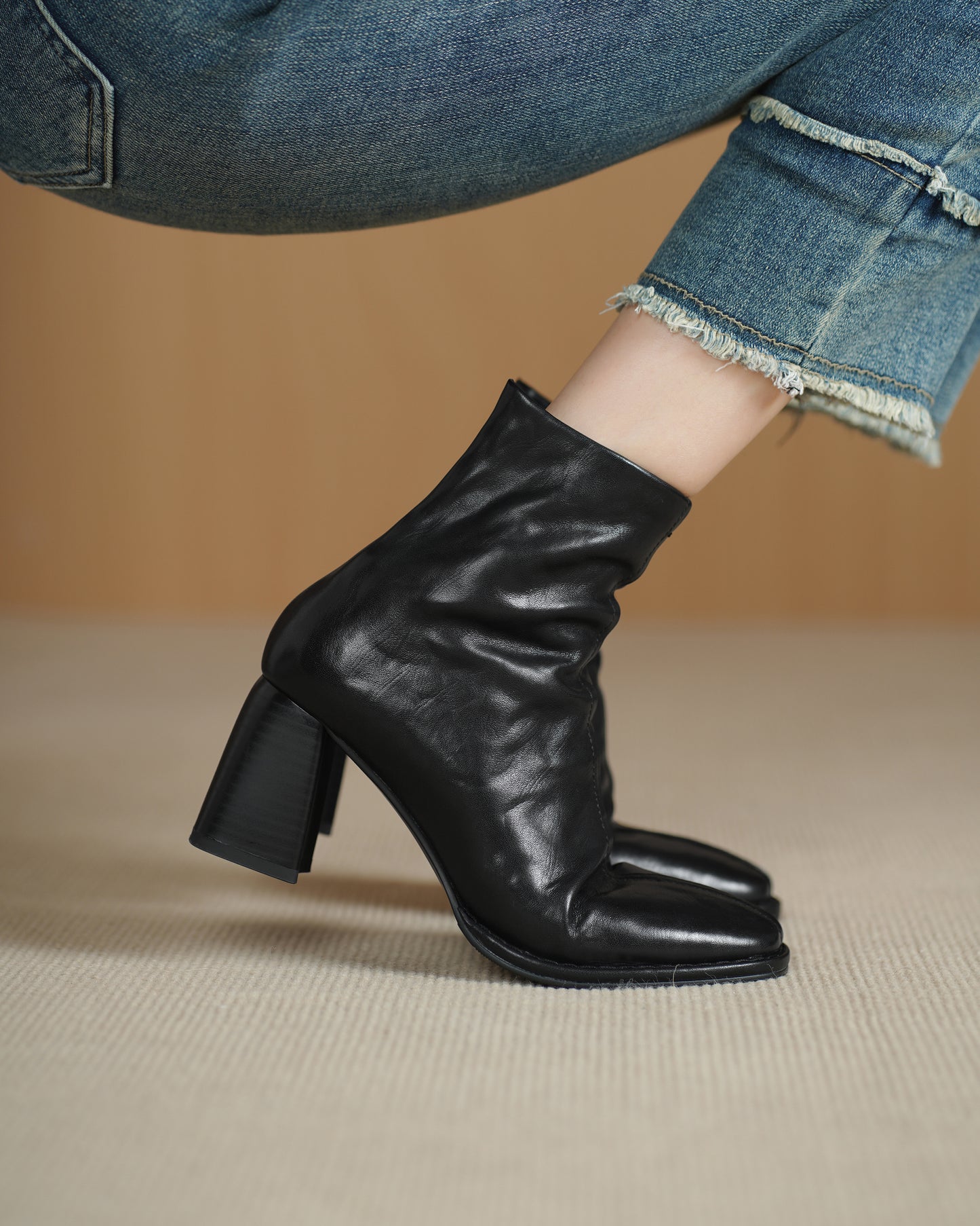 TinaCus Women's Ankle Boots Handmade Genuine Leather Square Toe High Block Heel Office Business