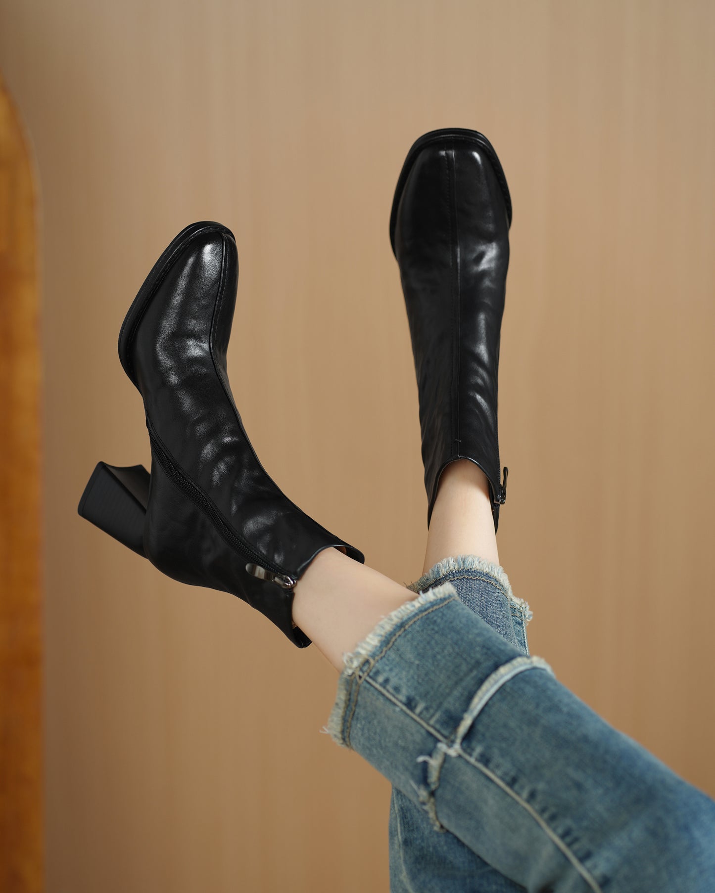 TinaCus Women's Ankle Boots Handmade Genuine Leather Square Toe High Block Heel Office Business