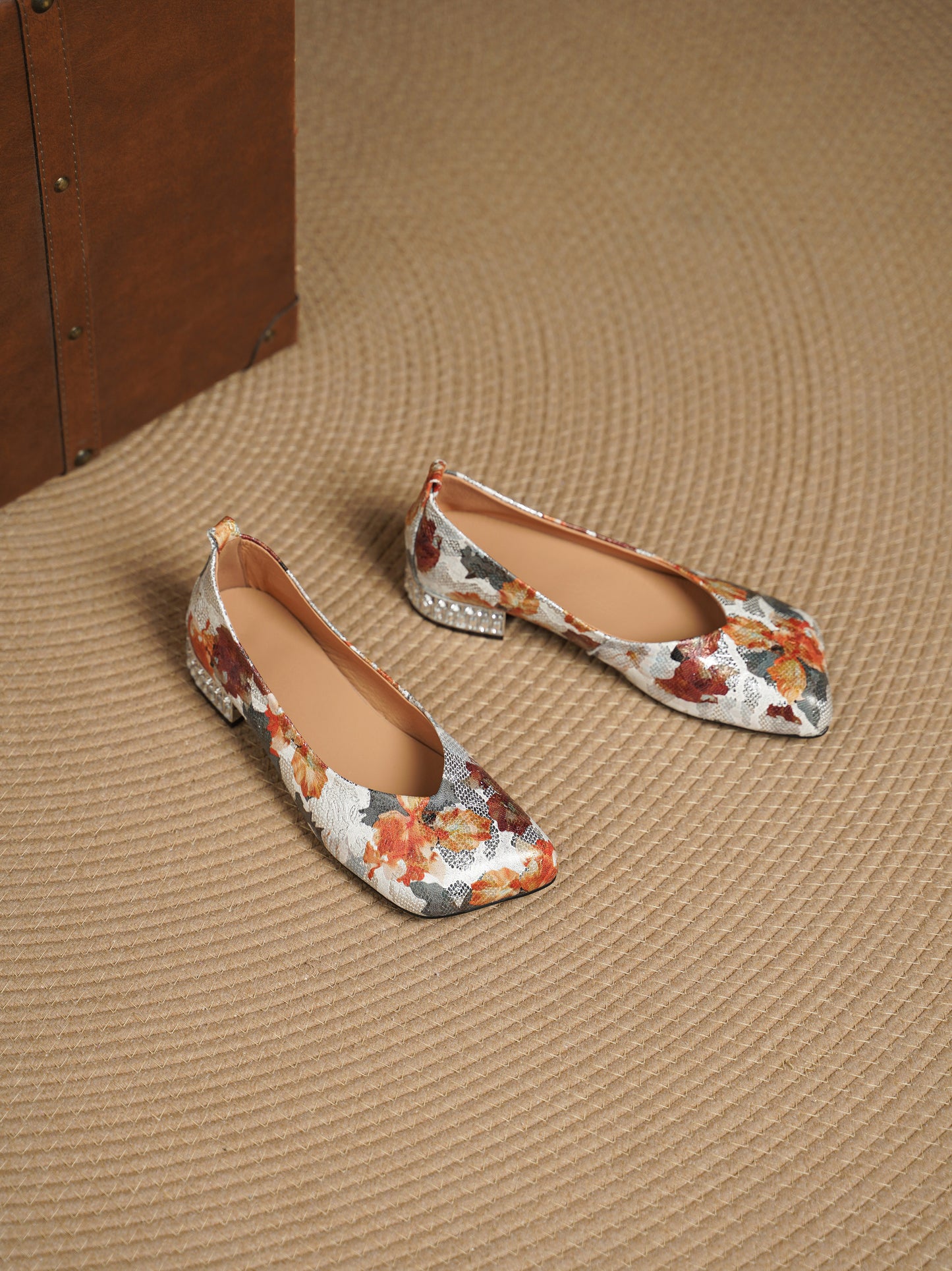 TinaCus Women's Ballet Flats Handmade Genuine Leather Square Toe Flower Printed Crystal Heel Slip On Shoes