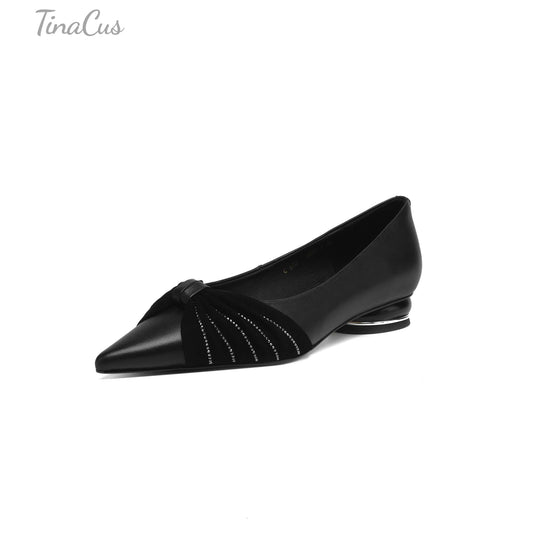 TinaCus Handmade Women's Genuine Leather Pointed Toe Velvet Bow Ballet Flat Shoes