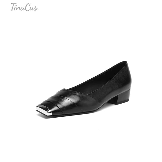 TinaCus Handmade Women's Genuine Leather Square Cap-Toe Low Block Heel Dress Pumps