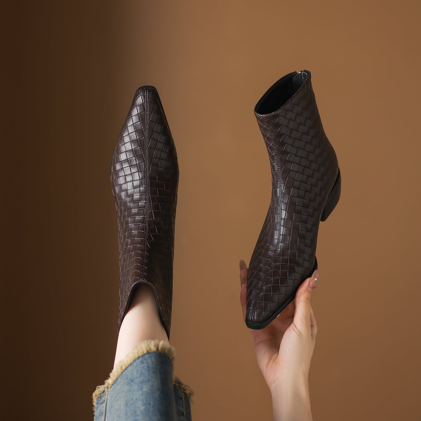 TinaCus Women's Genuine Leather Handmade Braid Back Zipper Pointed Toe Stacked Low Heel Ankle Booties