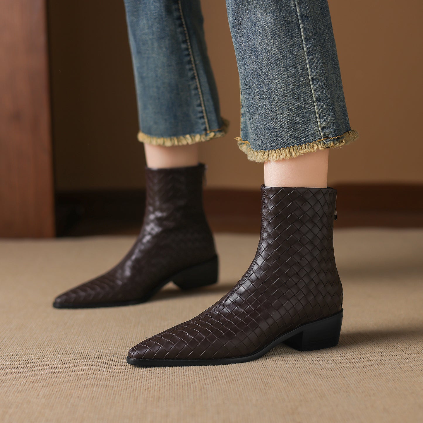 TinaCus Women's Genuine Leather Handmade Braid Back Zipper Pointed Toe Stacked Low Heel Ankle Booties