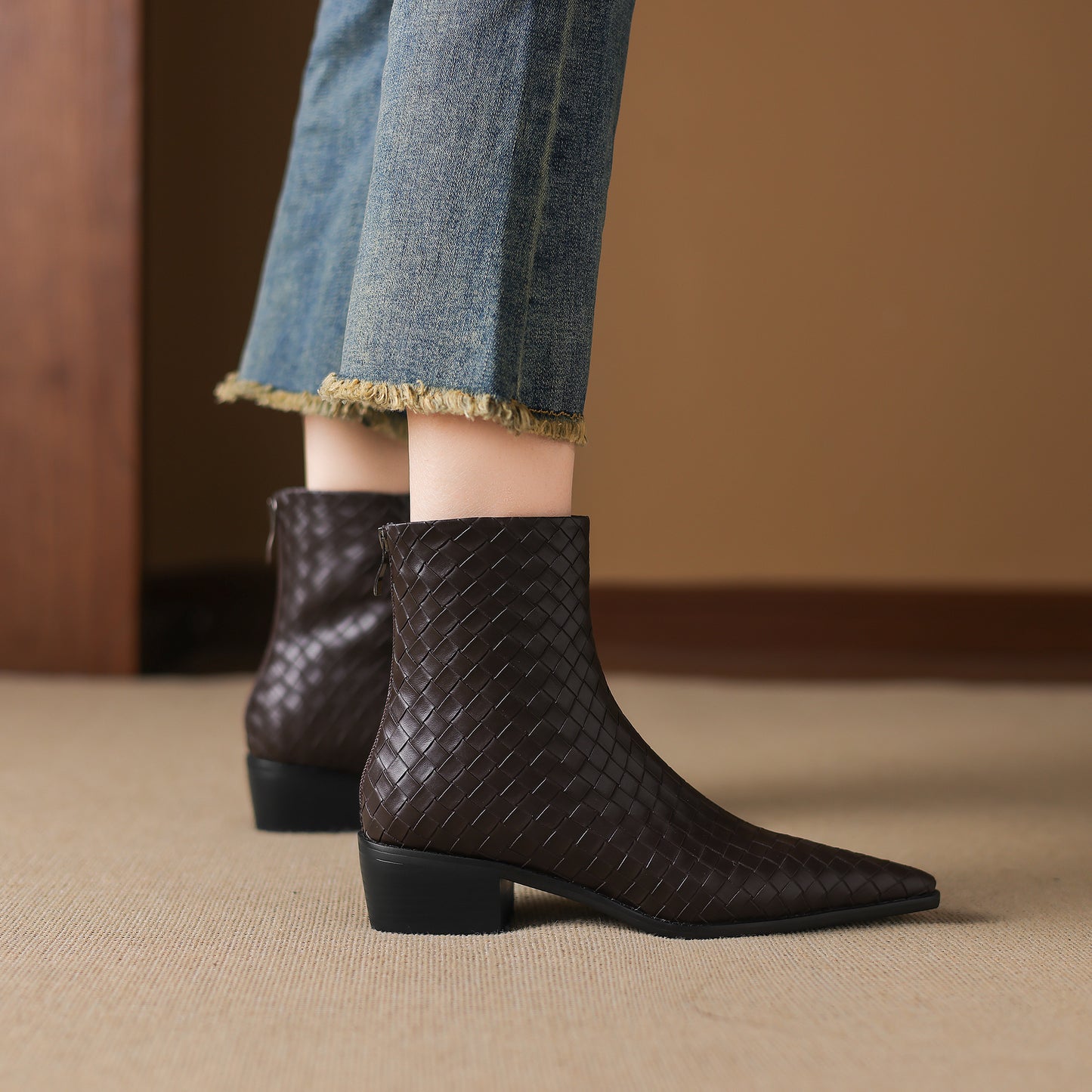 TinaCus Women's Genuine Leather Handmade Braid Back Zipper Pointed Toe Stacked Low Heel Ankle Booties