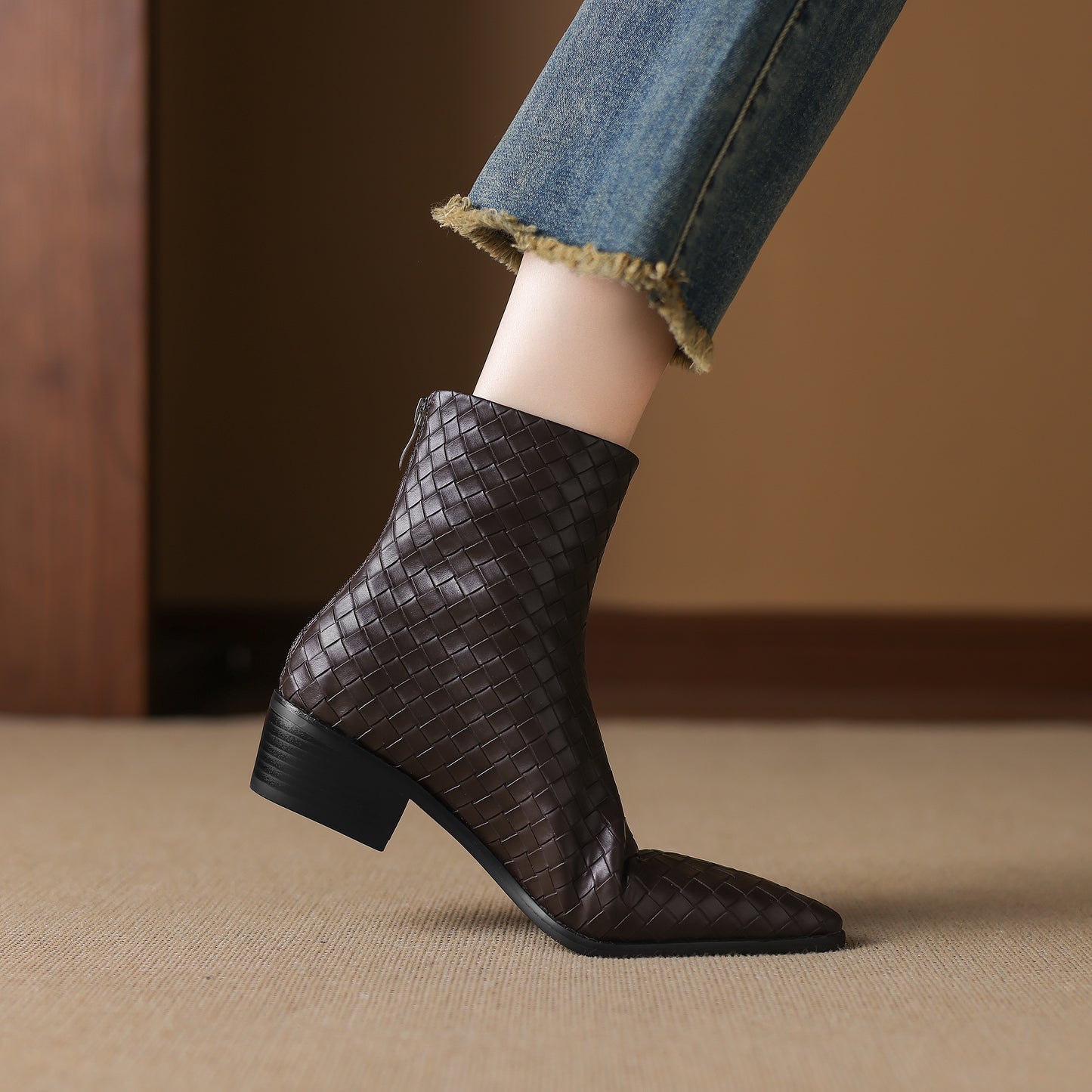 TinaCus Women's Genuine Leather Handmade Braid Back Zipper Pointed Toe Stacked Low Heel Ankle Booties