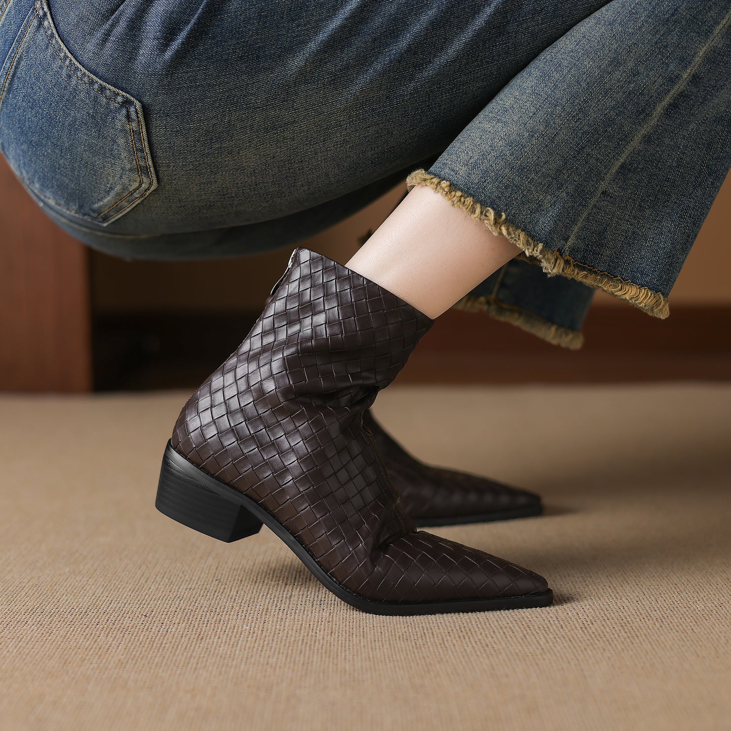 TinaCus Women's Genuine Leather Handmade Braid Back Zipper Pointed Toe Stacked Low Heel Ankle Booties