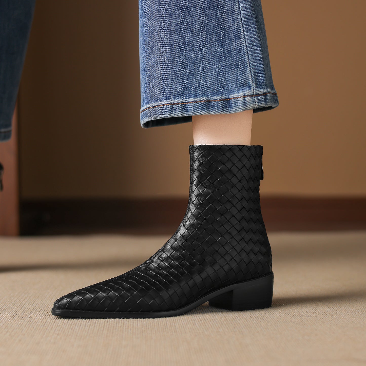 TinaCus Women's Genuine Leather Handmade Braid Back Zipper Pointed Toe Stacked Low Heel Ankle Booties