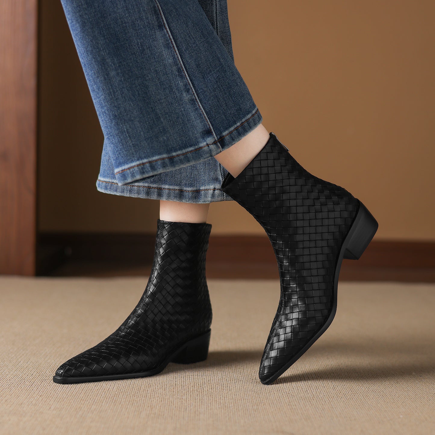 TinaCus Women's Genuine Leather Handmade Braid Back Zipper Pointed Toe Stacked Low Heel Ankle Booties