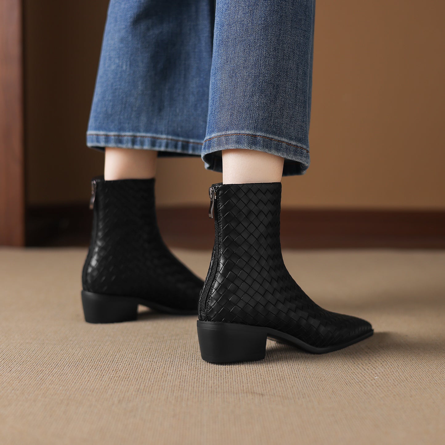 TinaCus Women's Genuine Leather Handmade Braid Back Zipper Pointed Toe Stacked Low Heel Ankle Booties