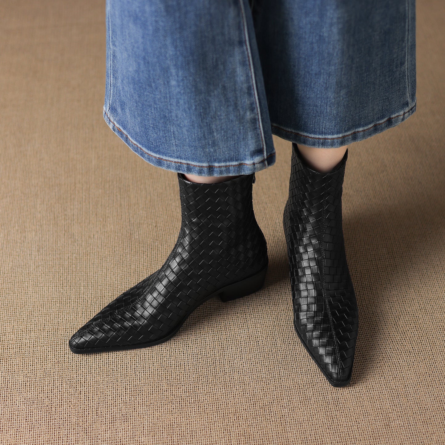 TinaCus Women's Genuine Leather Handmade Braid Back Zipper Pointed Toe Stacked Low Heel Ankle Booties