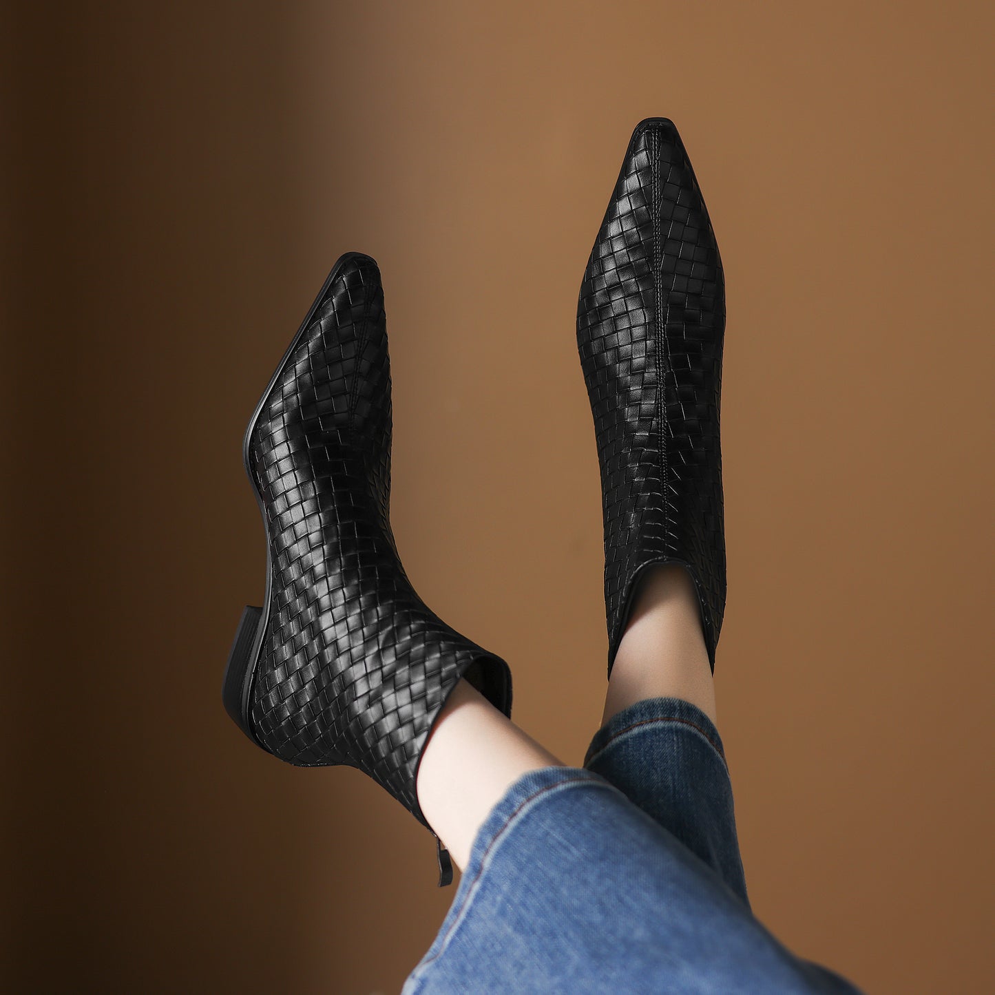 TinaCus Women's Genuine Leather Handmade Braid Back Zipper Pointed Toe Stacked Low Heel Ankle Booties