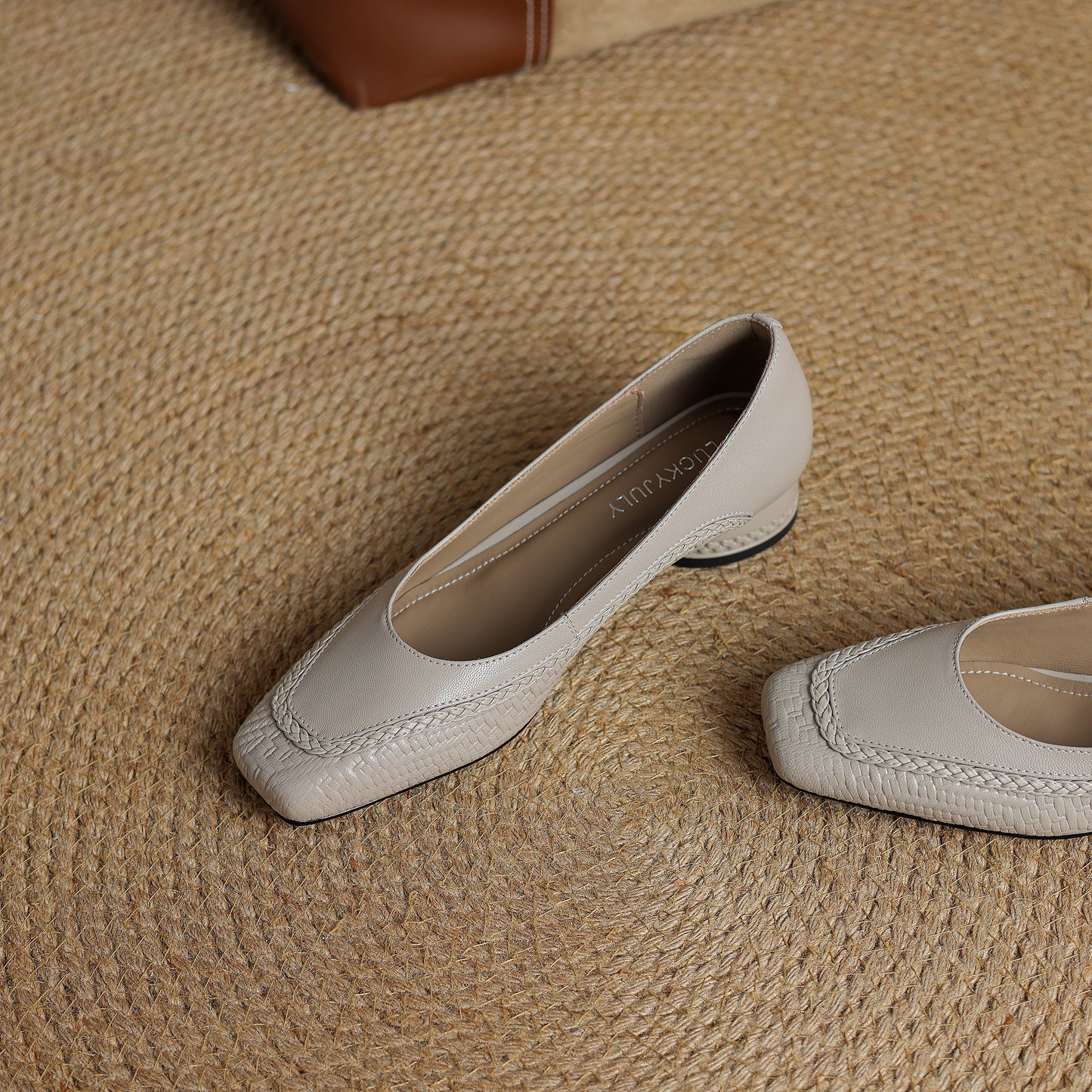 TinaCus Handmade Women's Genuine Leather Square Toe Braided Chunky Heel Slip On Pump Shoes