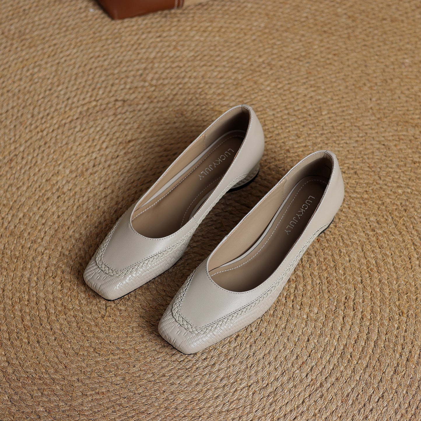 TinaCus Handmade Women's Genuine Leather Square Toe Braided Chunky Heel Slip On Pump Shoes