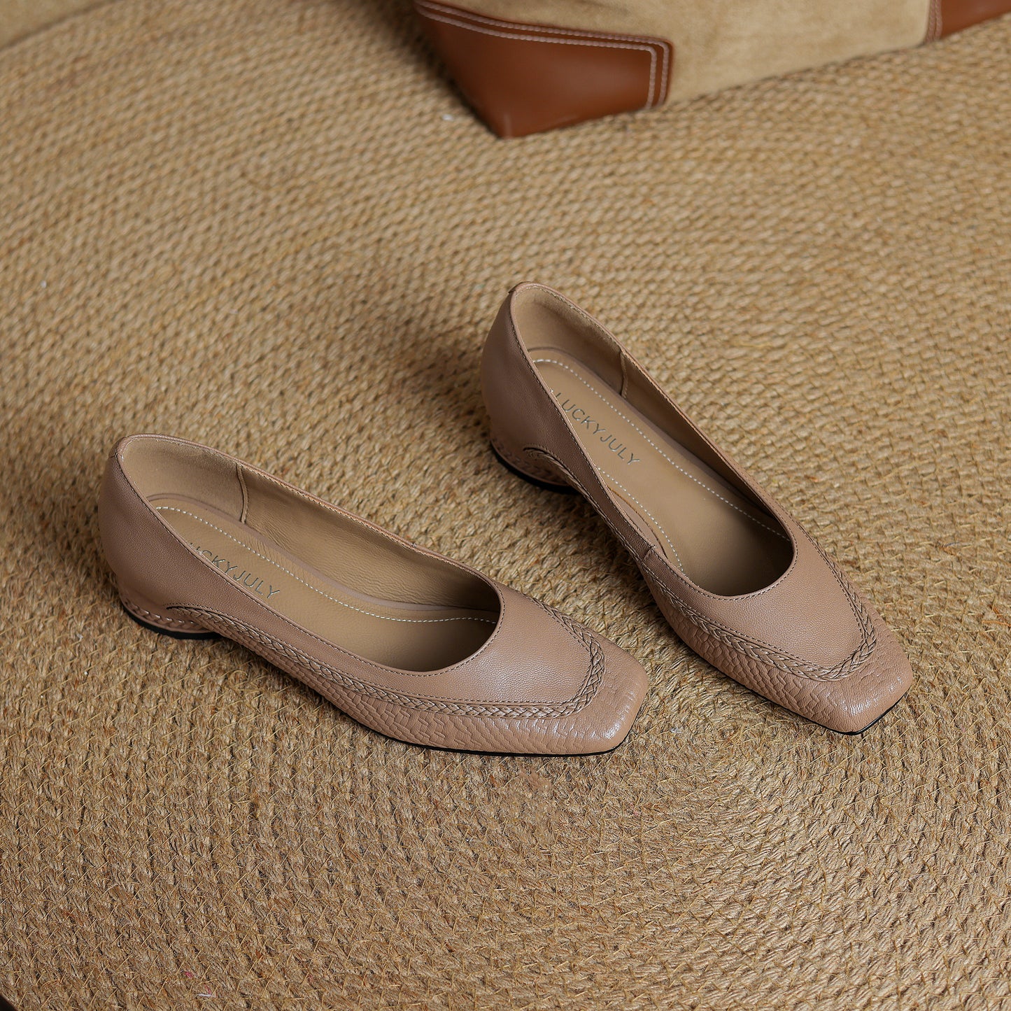 TinaCus Handmade Women's Genuine Leather Square Toe Braided Chunky Heel Slip On Pump Shoes