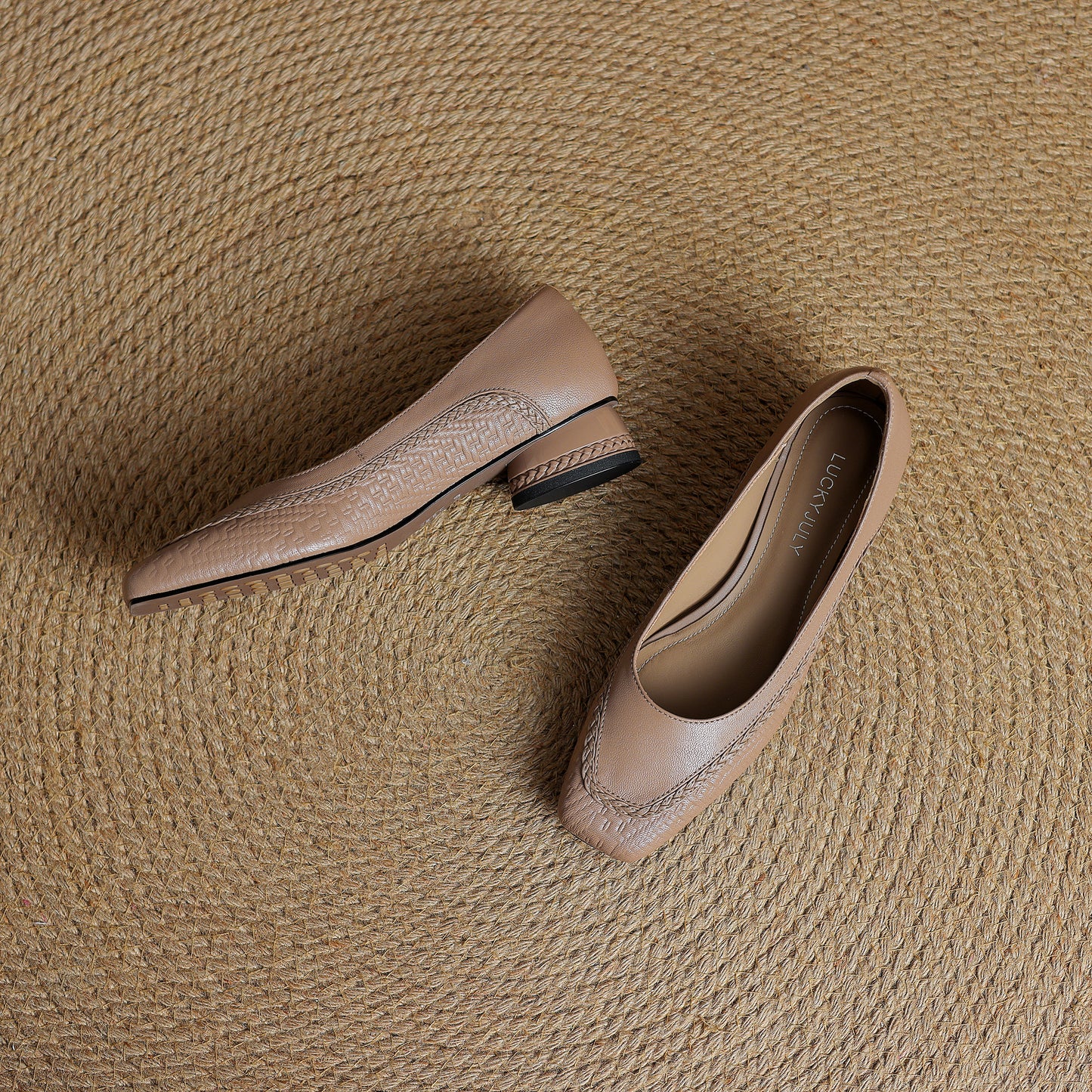 TinaCus Handmade Women's Genuine Leather Square Toe Braided Chunky Heel Slip On Pump Shoes