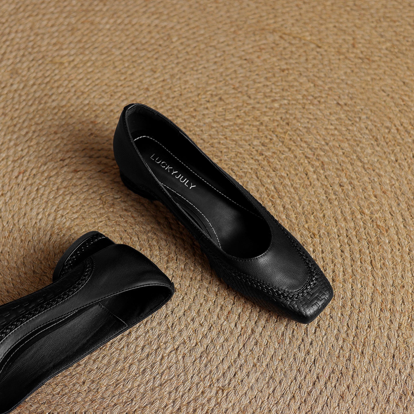 TinaCus Handmade Women's Genuine Leather Square Toe Braided Chunky Heel Slip On Pump Shoes