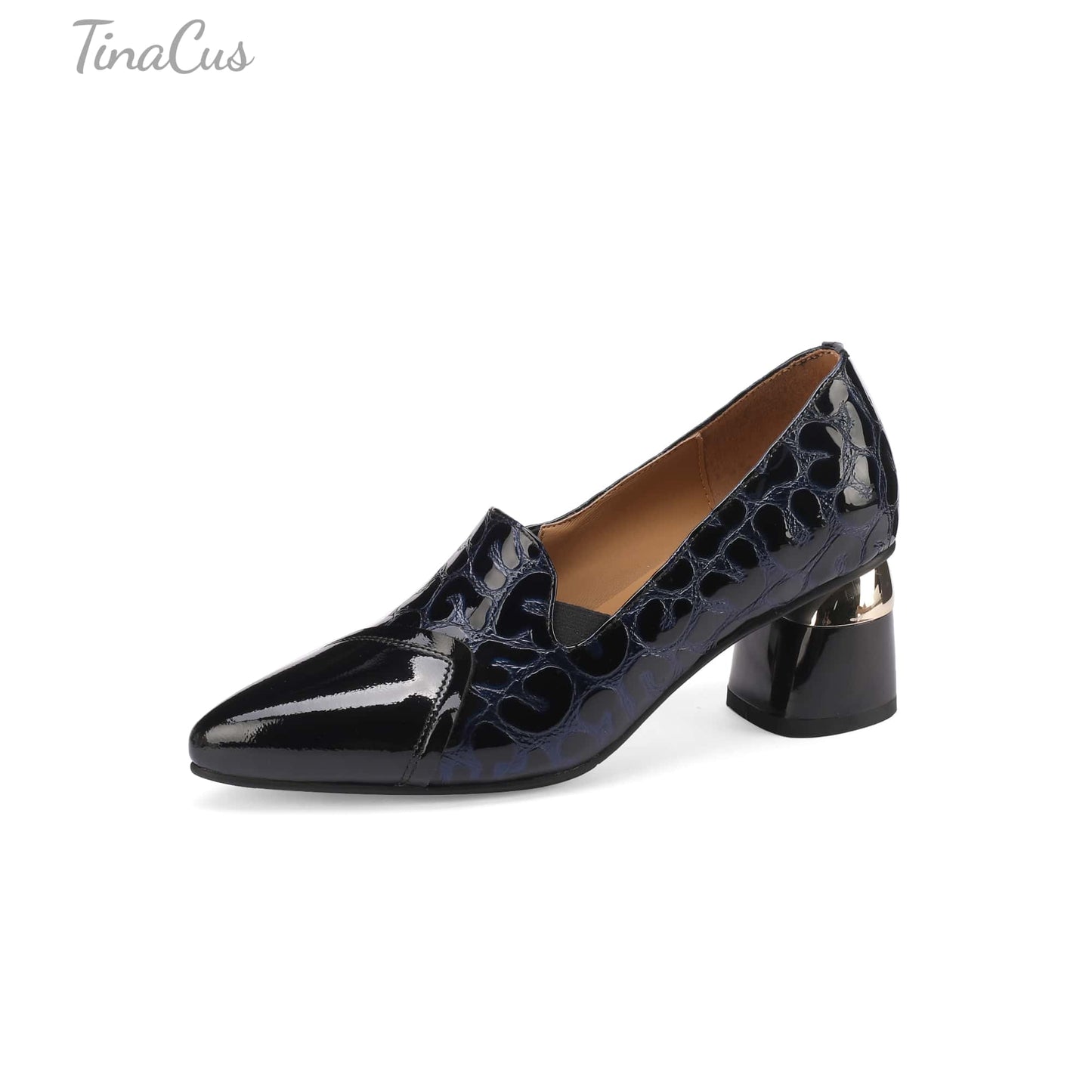 TinaCus Handmade Women's Patent Leather Embossed Pointed Toe Low Heel Loafers Shoes