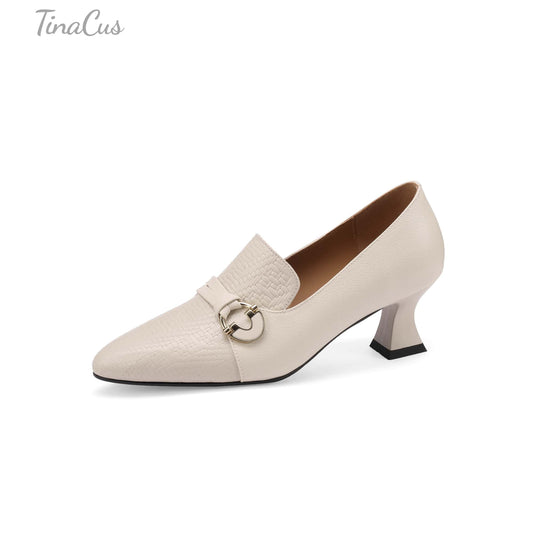 TinaCus Handmade Women's Genuine Leather Embossed Decor Buckle Pointed Toe Low Heel Loafers Shoes