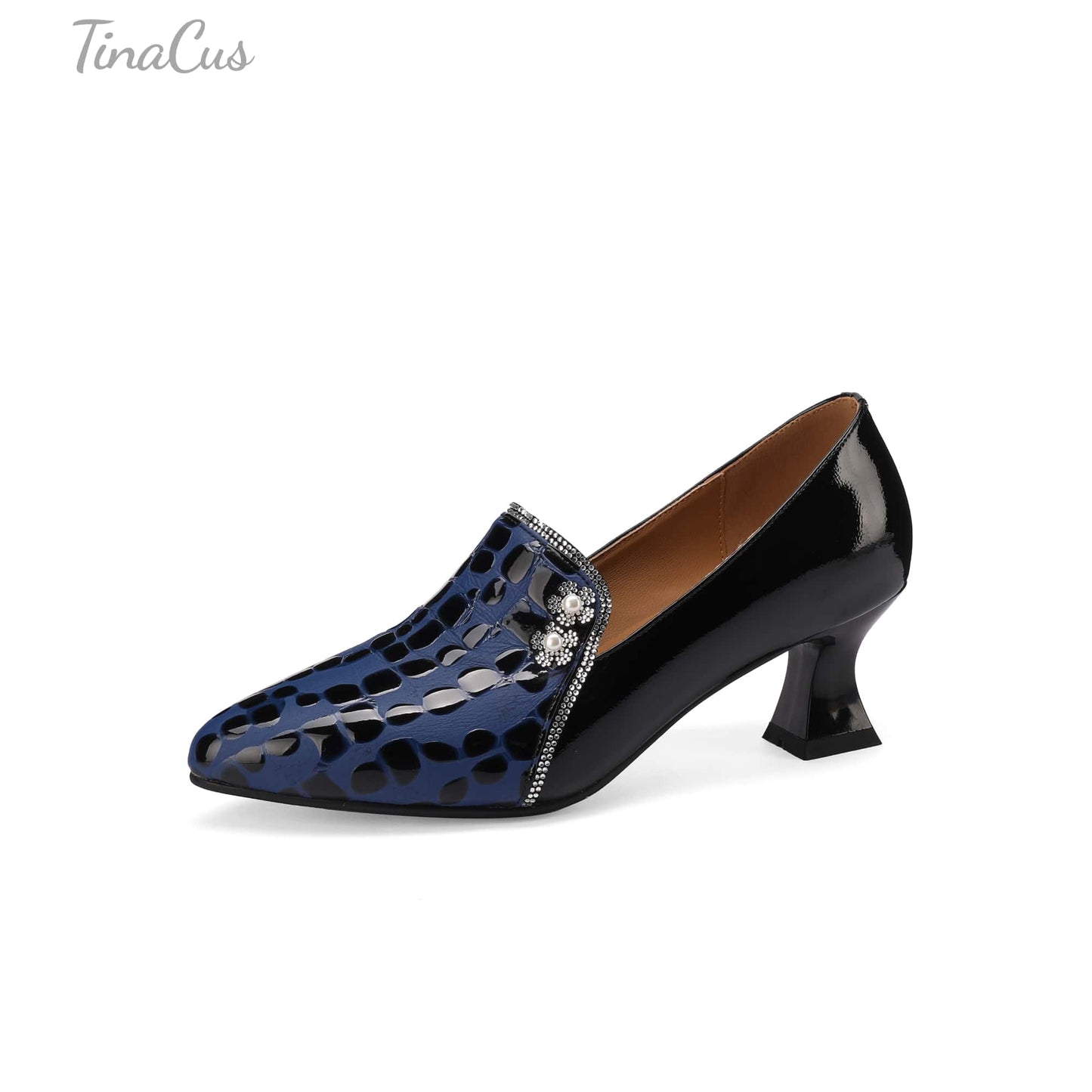 TinaCus Handmade Women's Genuine Leather Patchwork Slip On Pointed Toe Low Heel Dress Shoes