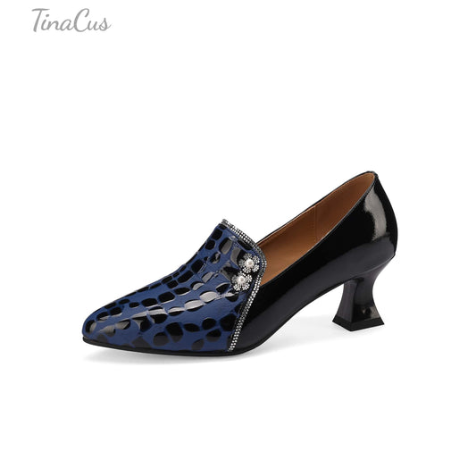 TinaCus Handmade Women's Genuine Leather Patchwork Slip On Pointed Toe Low Heel Dress Shoes