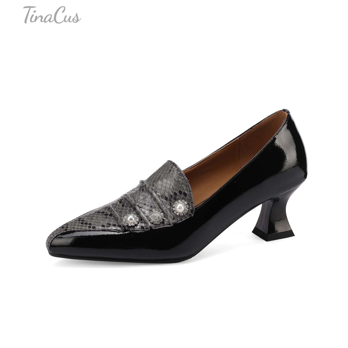 TinaCus Handmade Women's Genuine Leather Snakeskin Print Pointed Toe Low Heel Loafers Shoes