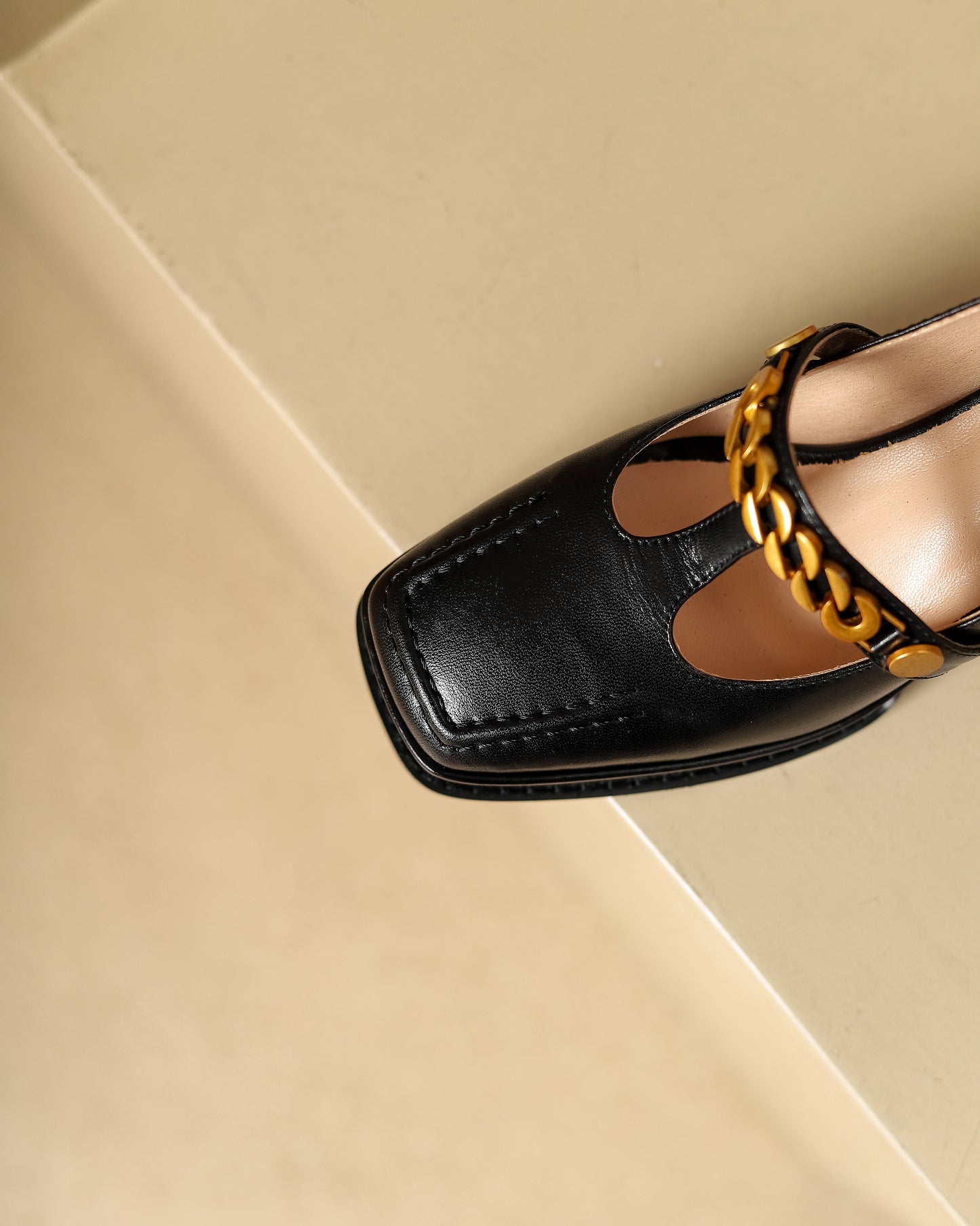 TinaCus Genuine Leather Square Toe Handmade T-Strap Chain High Block Heels Women's Stylish Pumps Shoes