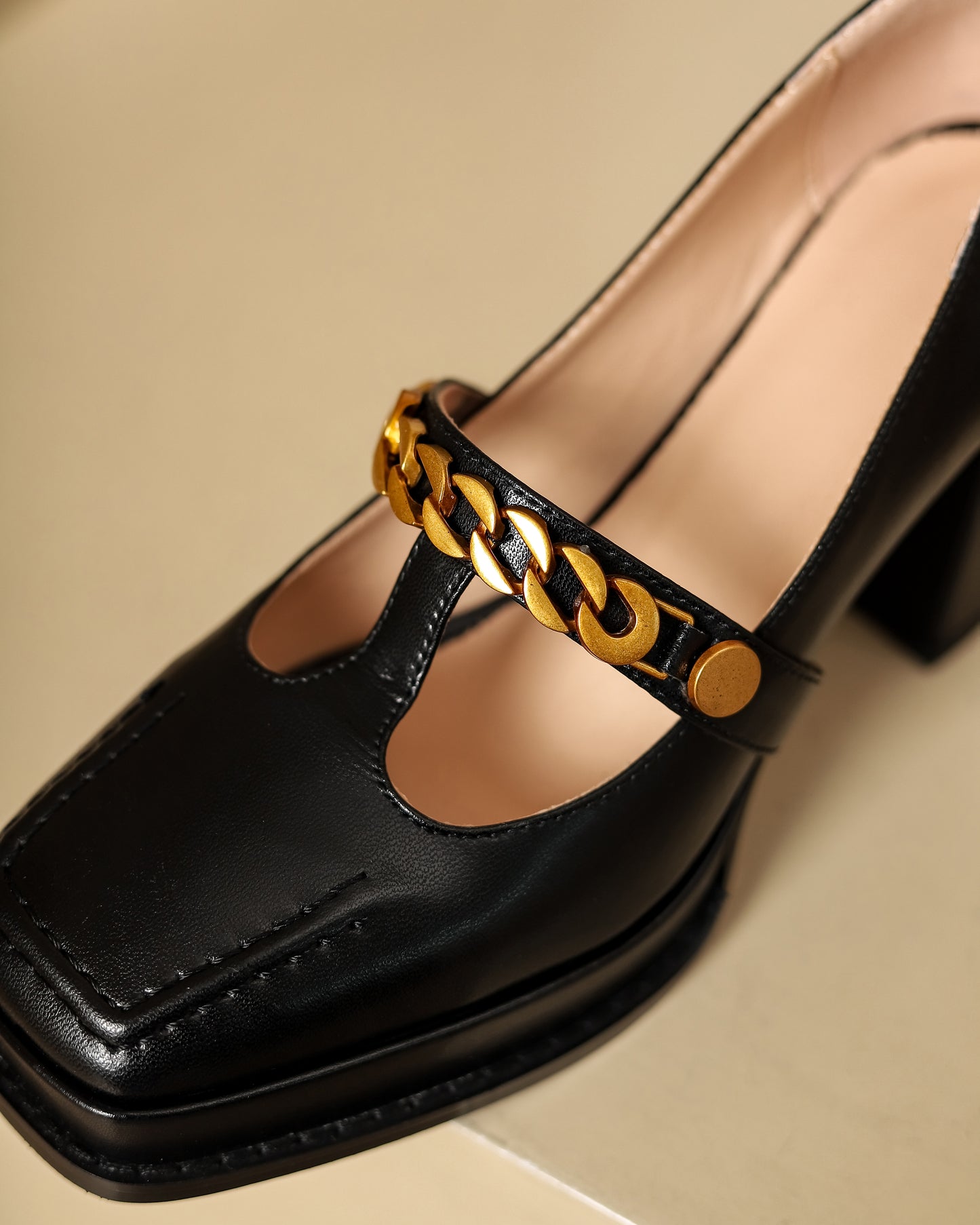 TinaCus Genuine Leather Square Toe Handmade T-Strap Chain High Block Heels Women's Stylish Pumps Shoes