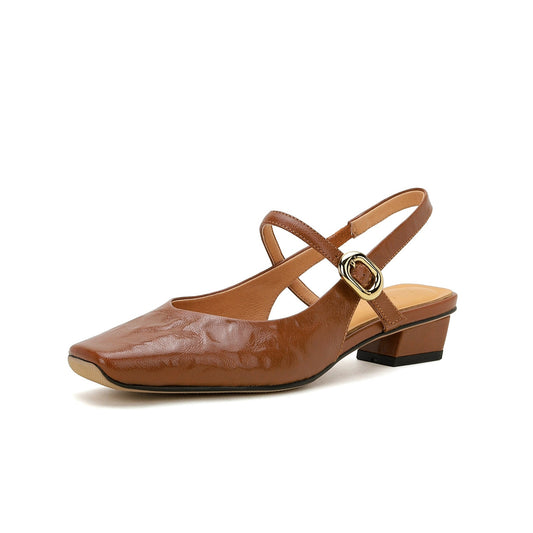 TinaCus Damen-Sandalen mit Schnalle, echtes Leder, handgefertigt, klobiger Absatz, Slingback-Sandalen