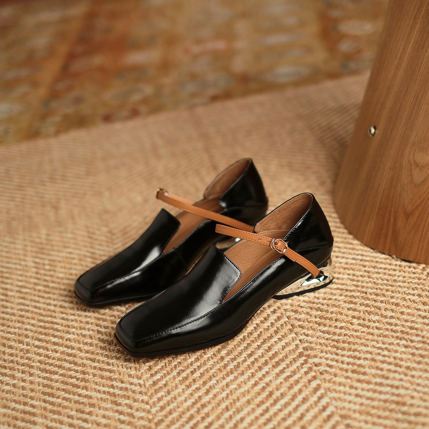 TinaCus Women's Handmade Genuine Leather Square Toe Chunky Heel Classic Mary Jane Pumps