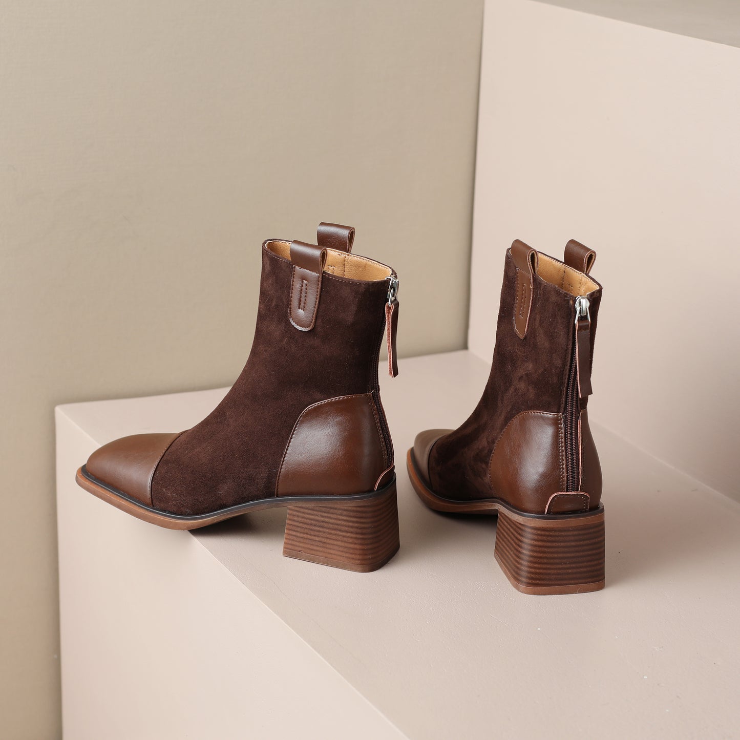 TinaCus Handmade Women's Suede Leather Cap Toe Back Zip Mid Block Heel Charming Calf-High Boots