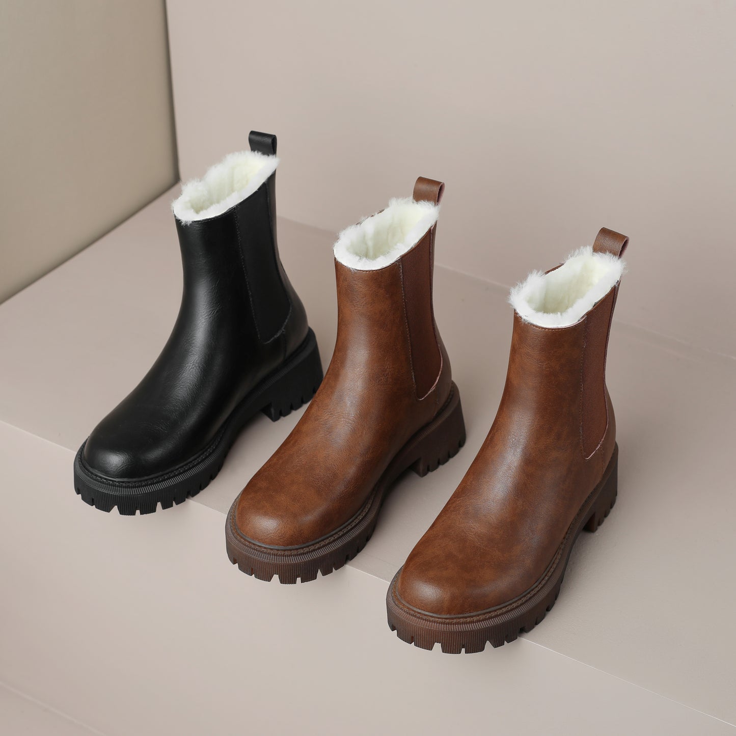 TinaCus Handmade Women's Genuine Leather Pull On Round Toe Low Block Heel Platform Boots