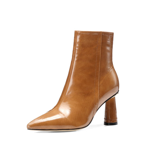 TinaCus Women's Patent Leather Handmade Elegant High Cylindrical Heel Pointed Toe Side Zip Up Short Dressing Boots