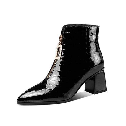 TinaCus Patent Leather Women's Handmade Pointed Toe Chunky Heel Stylish Front Zipper Plus-Size Ankle Booties