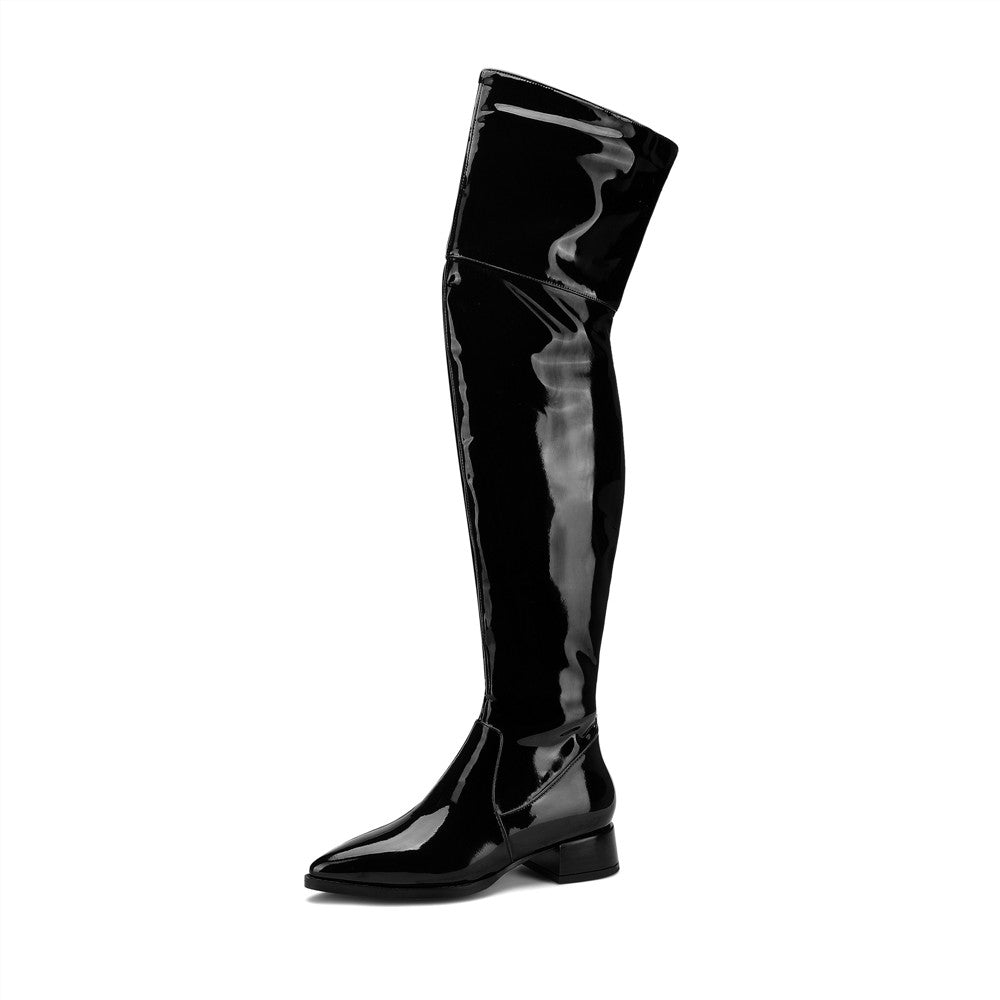 TinaCus Women's Glossy Patent Leather Handmade Pointed Toe Half Side Zip Low Chunky Heel Stylish Plus-size Customized Circumference Over Knee Boots
