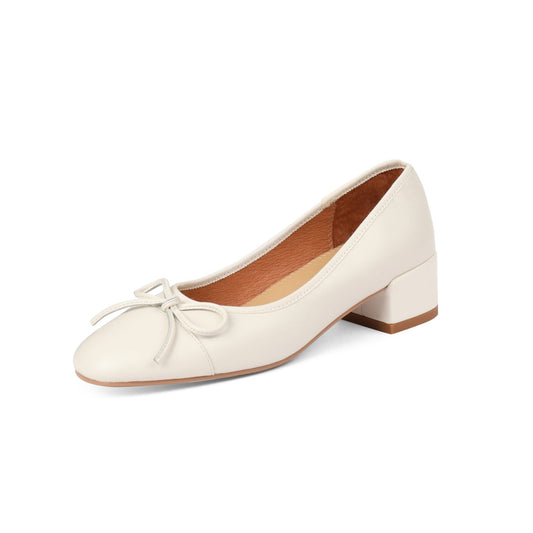 TinaCus Damen-Ballerinas aus echtem Leder, handgefertigt, süßer Schleifenknoten, Schlupfschuh, runde Zehenpartie, niedriger Blockabsatz