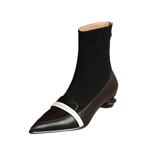 TinaCus Handmade Women's Leather Patchwork Back Zipper Pointed Toe Low Cone Heel Mid Calf Boots